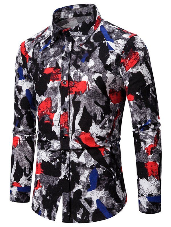 

Camouflage Print Long Sleeve Button Shirt, Black