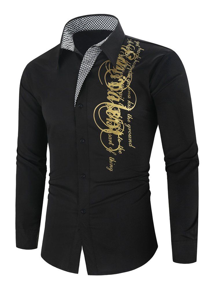 

Letter Graphic Grid Print Button Long Sleeve Shirt, Black