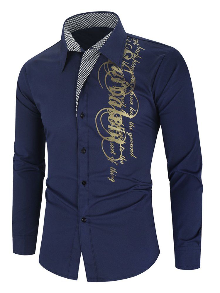 

Letter Graphic Grid Print Button Long Sleeve Shirt, Cadetblue