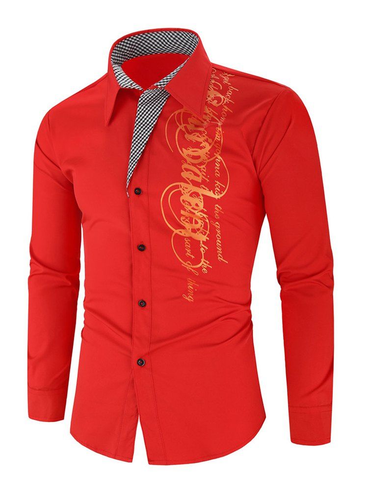 

Letter Graphic Grid Print Button Long Sleeve Shirt, Red