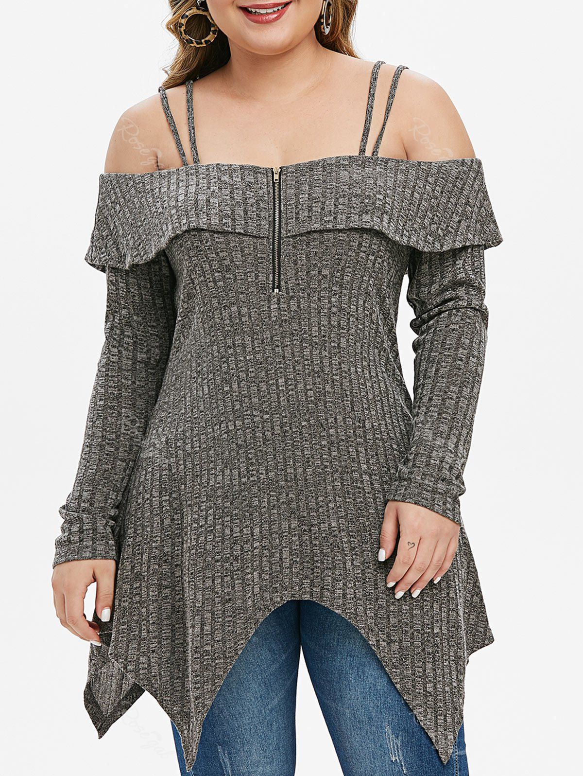 

Plus Size Handkerchief Cold Shoulder Marled Knitwear, Dark gray