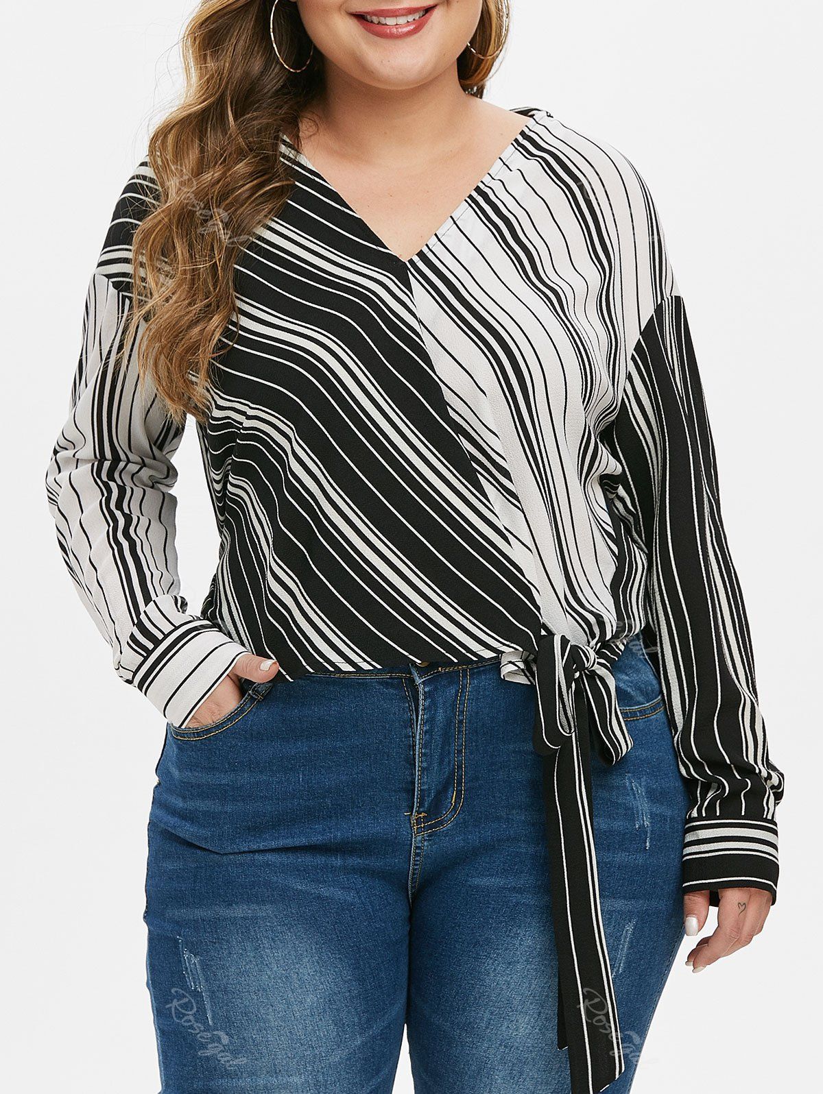 

Plus Size Colorblock Striped Knot Blouse, Black
