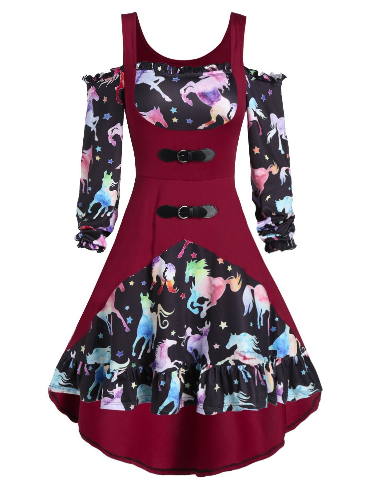 

High Low Animal Print Open Shoulder Dress, Red wine