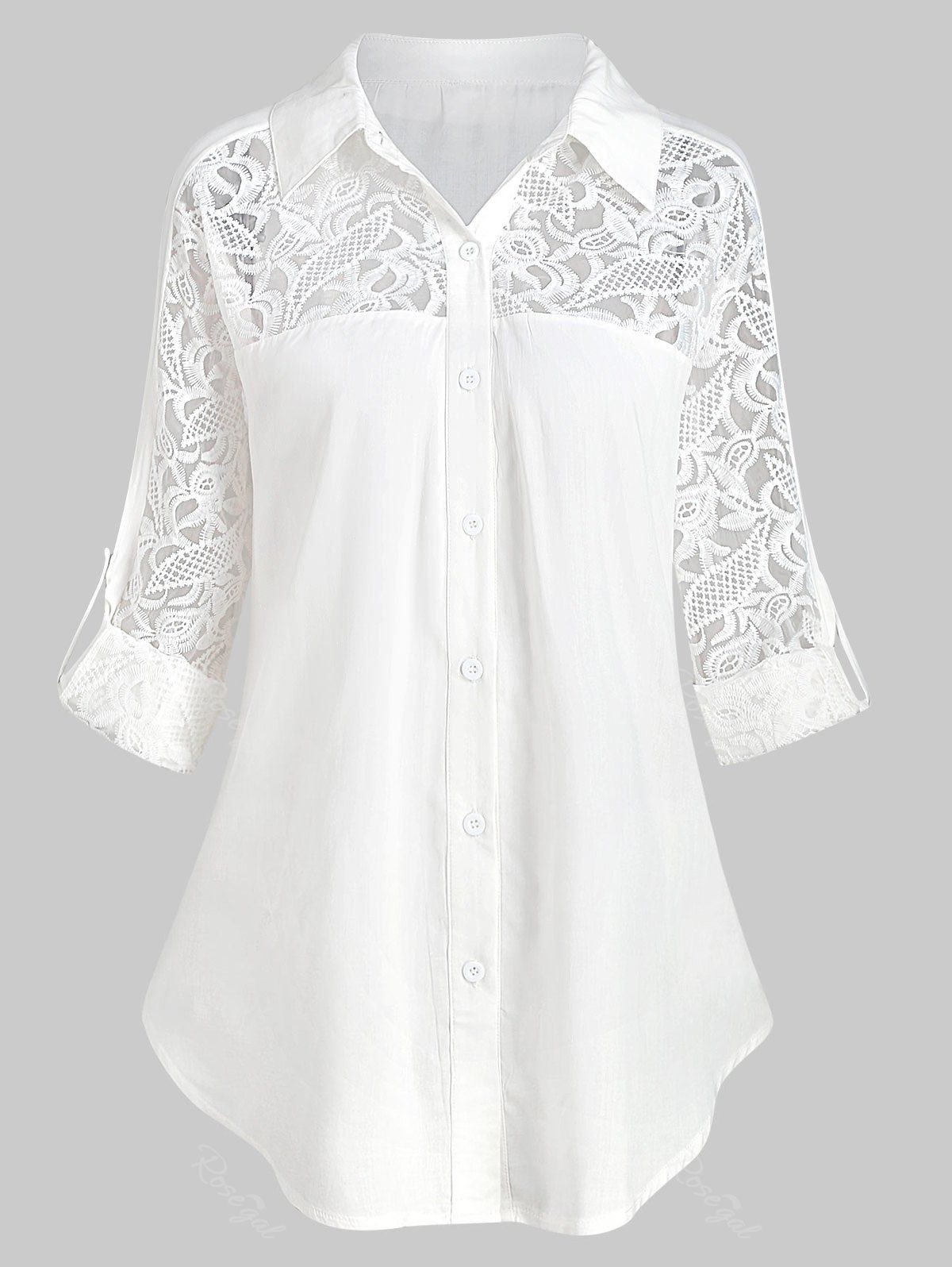 

Plus Size Roll Up Sleeve Lace Panel Shirt, White
