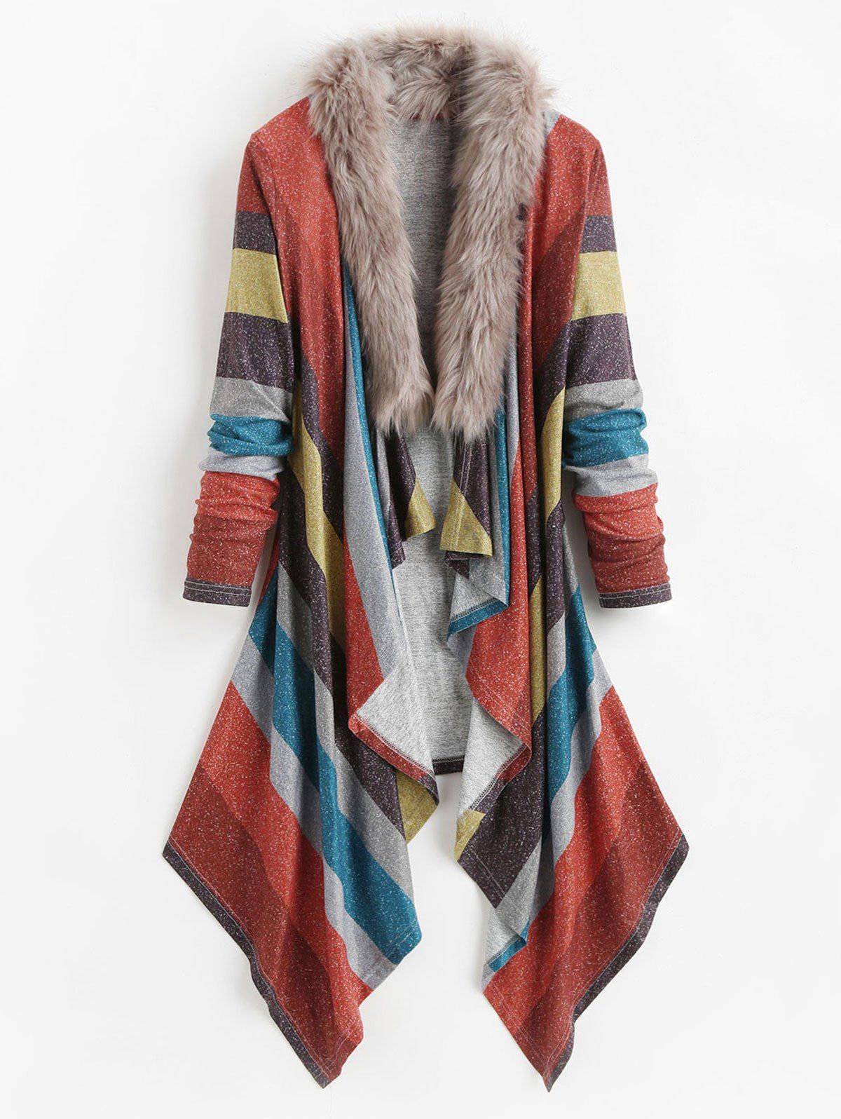 

Faux Fur Collar Open Front Asymmetrical Cardigan, Multi