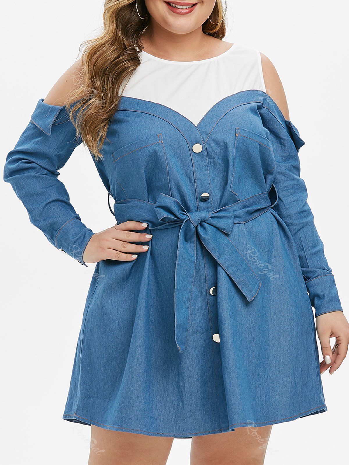 

PlusSize Open Shoulder Belted Denim Dress, Multi