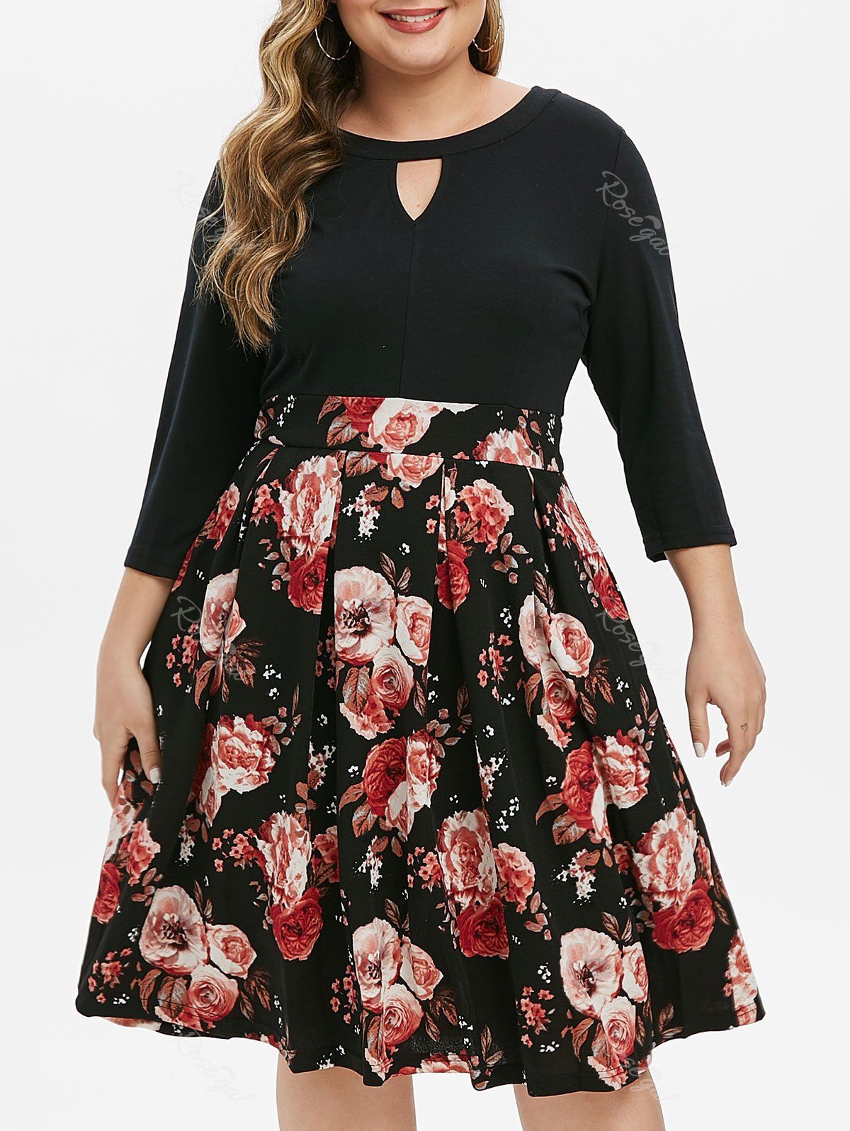 

Plus Size Flower Print Keyhole Dress, Black