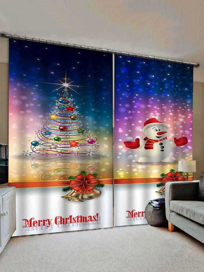 

2 Panels Christmas Tree Snowman Bells Print Window Curtains, Multi