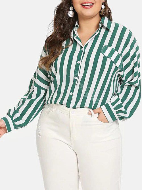 

Faux Flap Pockets Button Down Stripes Plus Size Shirt, Medium aquamarine