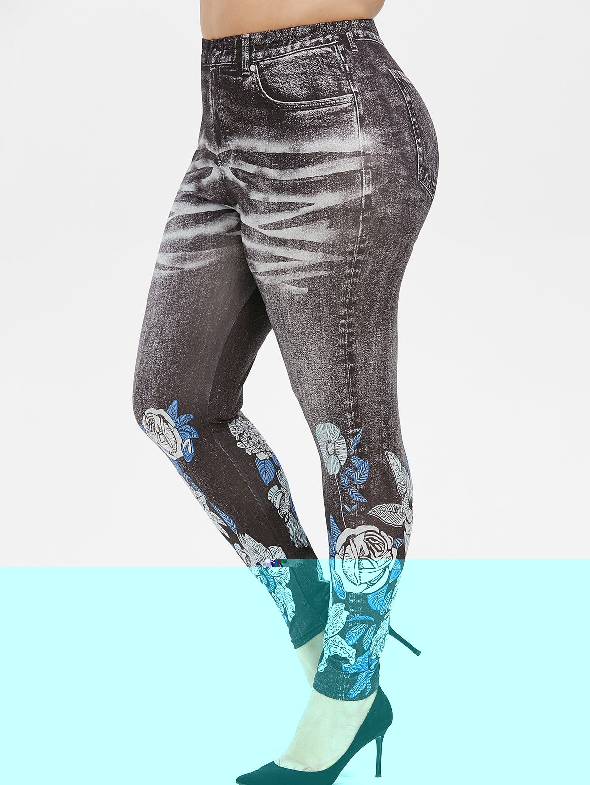 

Plus Size Floral 3D Denim Print Skinny Jeggings, Black