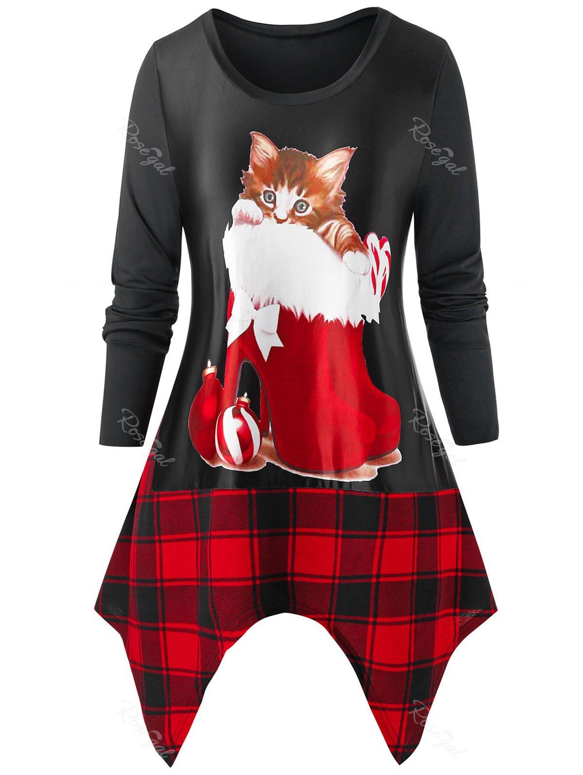 

Plus Size Christmas Cat Plaid Asymmetrical Tunic Tee, Multi