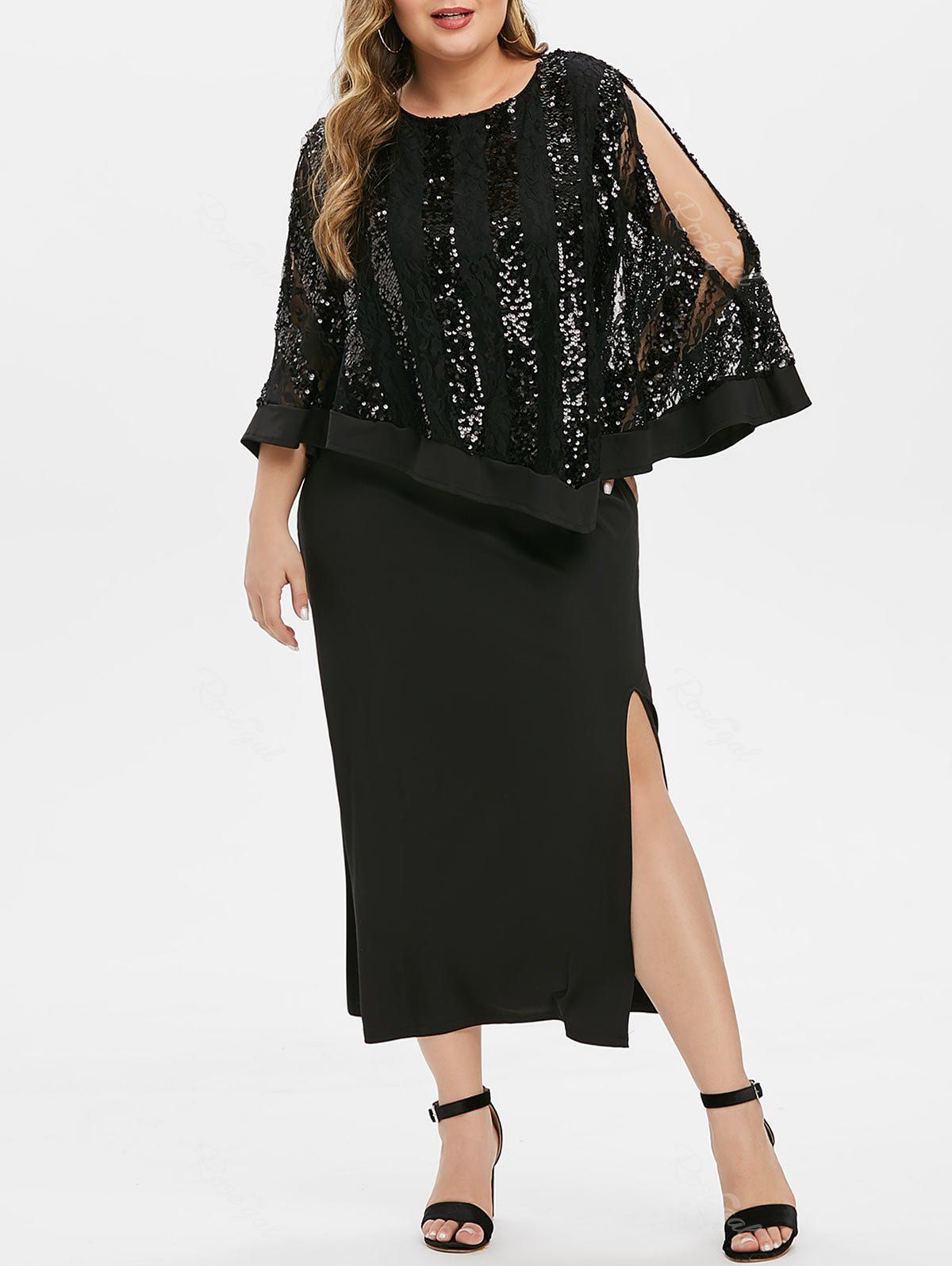 

Plus Size Sequins High Slit Evening Cape Dress, Black