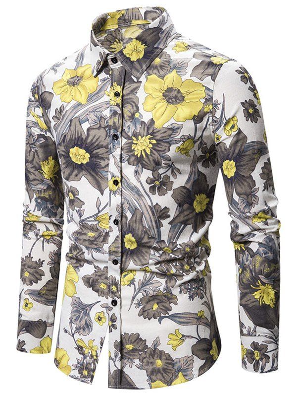 

Flower Print Long Sleeve Button Casual Shirt, Beige