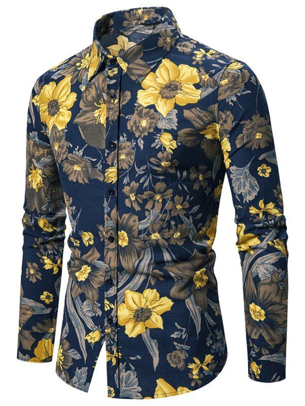 

Flower Print Long Sleeve Button Casual Shirt, Cadetblue