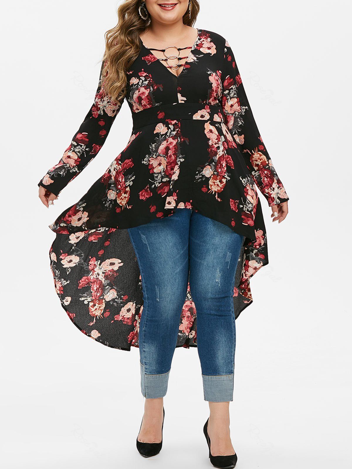 

Plus Size O Rings High Low Floral Blouse, Black