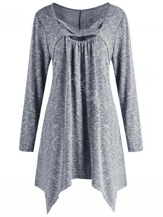 

Handkerchief Criss Cross Heathered Plus Size Top, Gray cloud