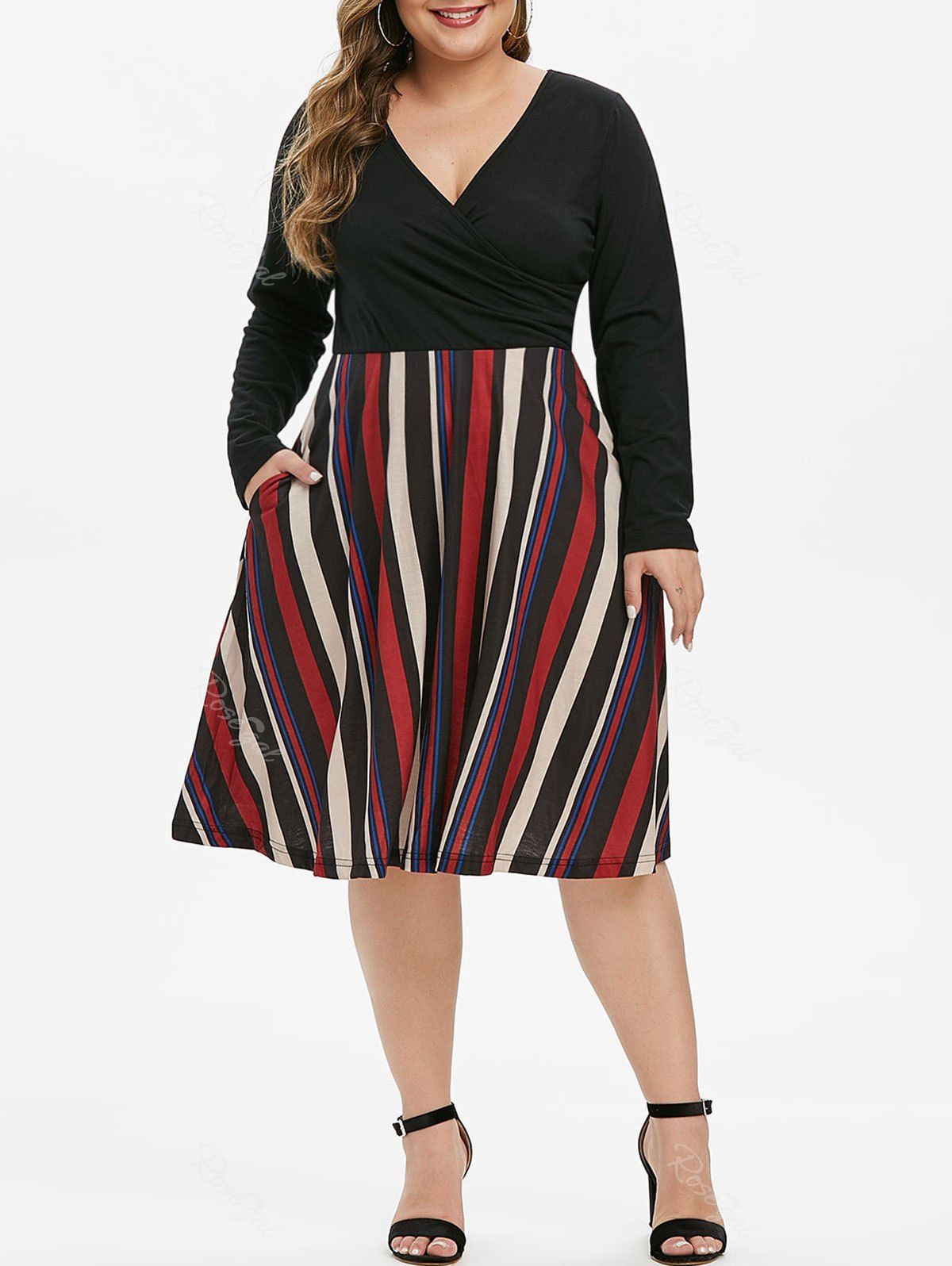 

Plus Size Striped Surplice Dress, Black