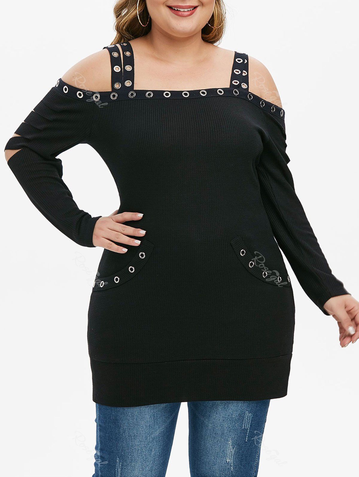 

Plus Size Cold Shoulder Ripped Grommets T Shirt, Black