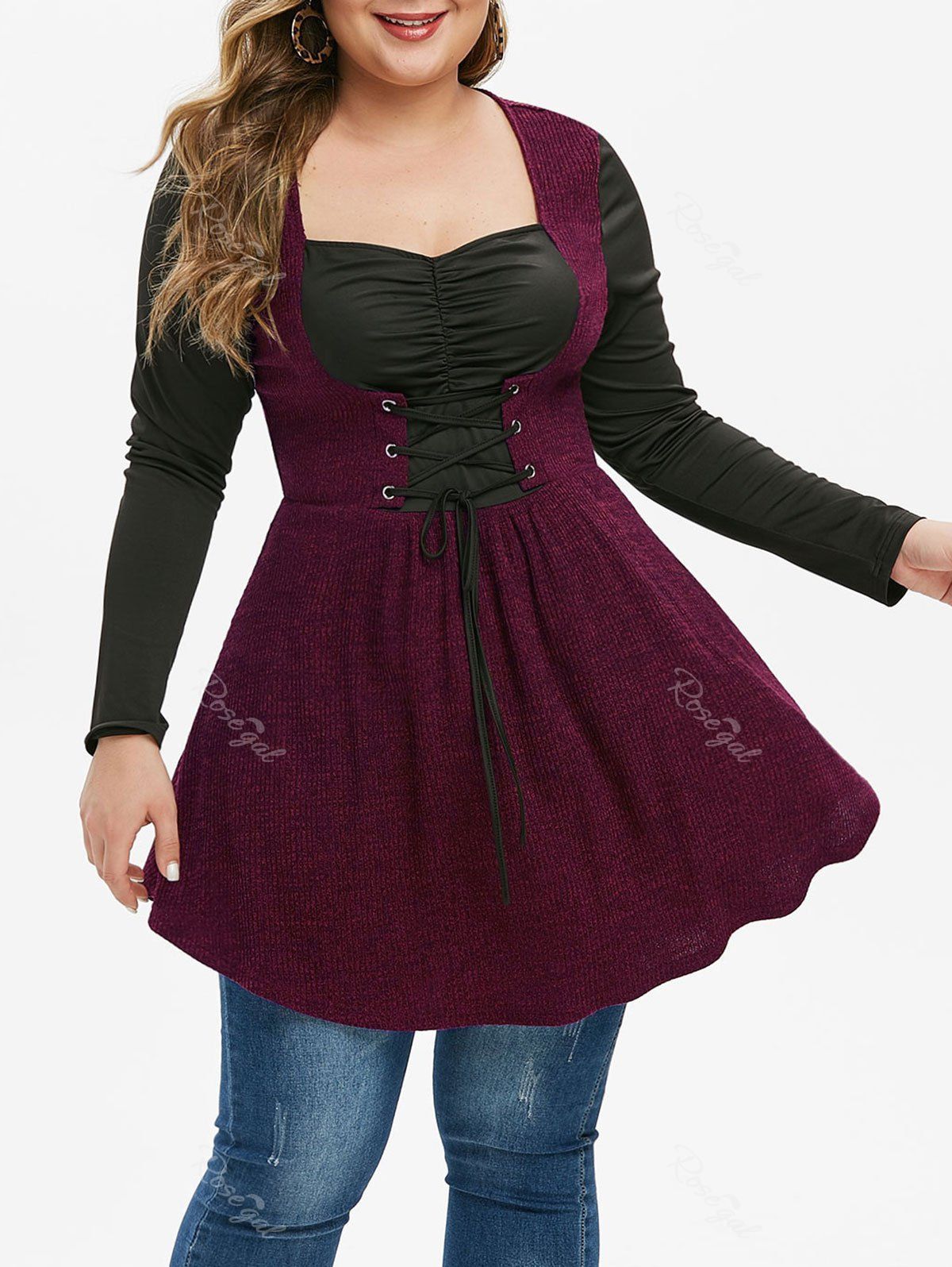 

Plus Size Two Tone Tunic Sweetheart Neck Sweater, Maroon