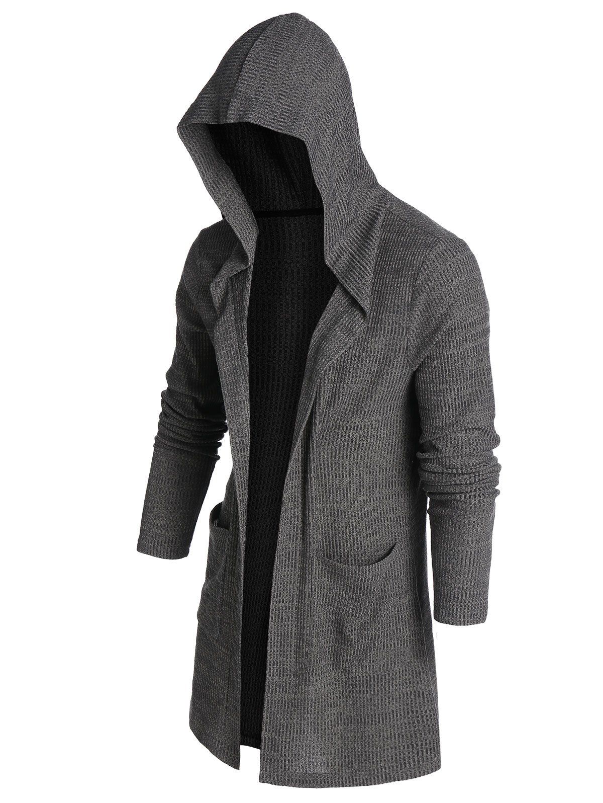

Hooded Double Pocket Ribbed Open Front Cardigan, Ash gray