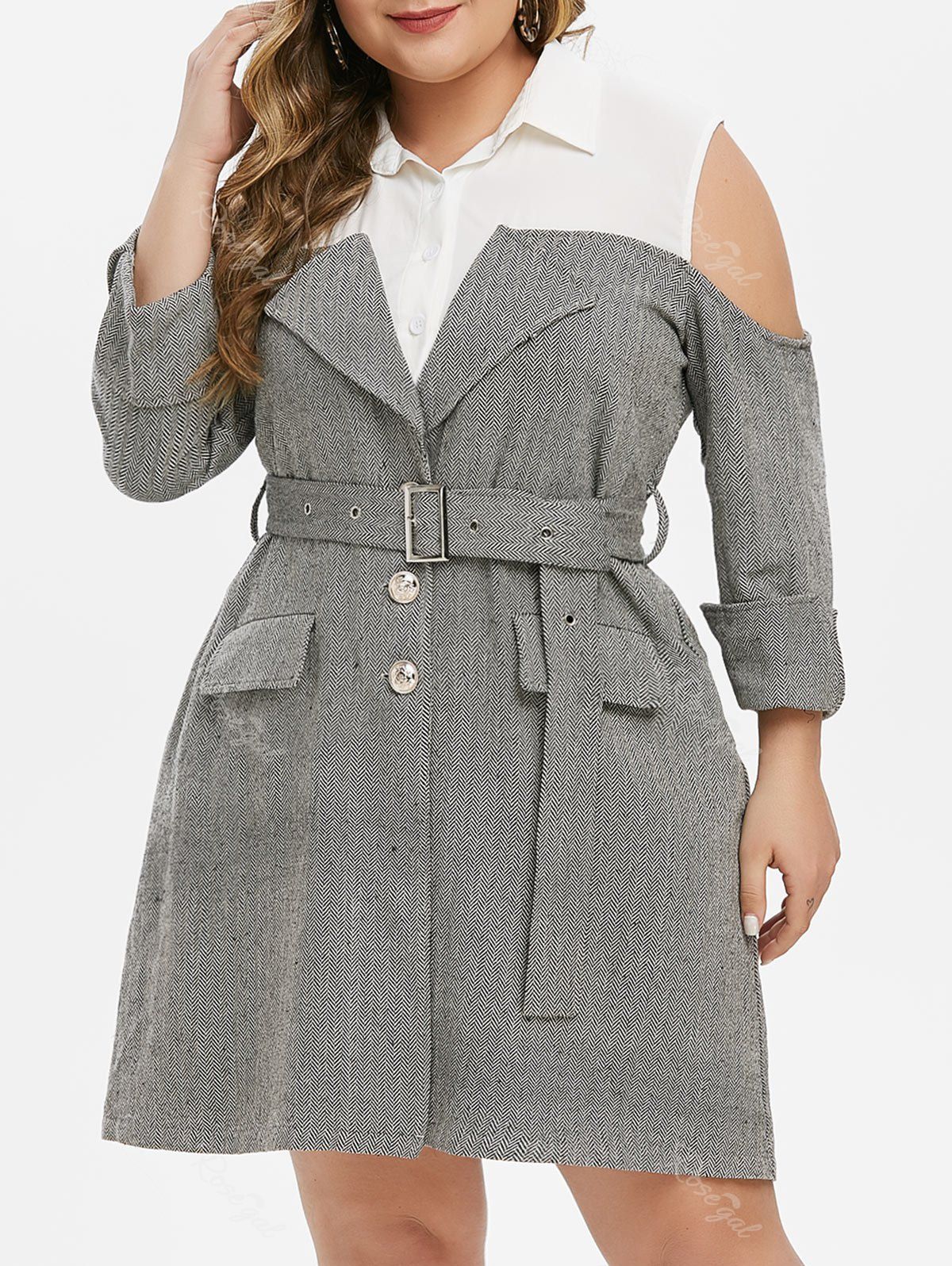 

Plus Size Cold Shoulder Shirt Button Dress with Belt, Multi