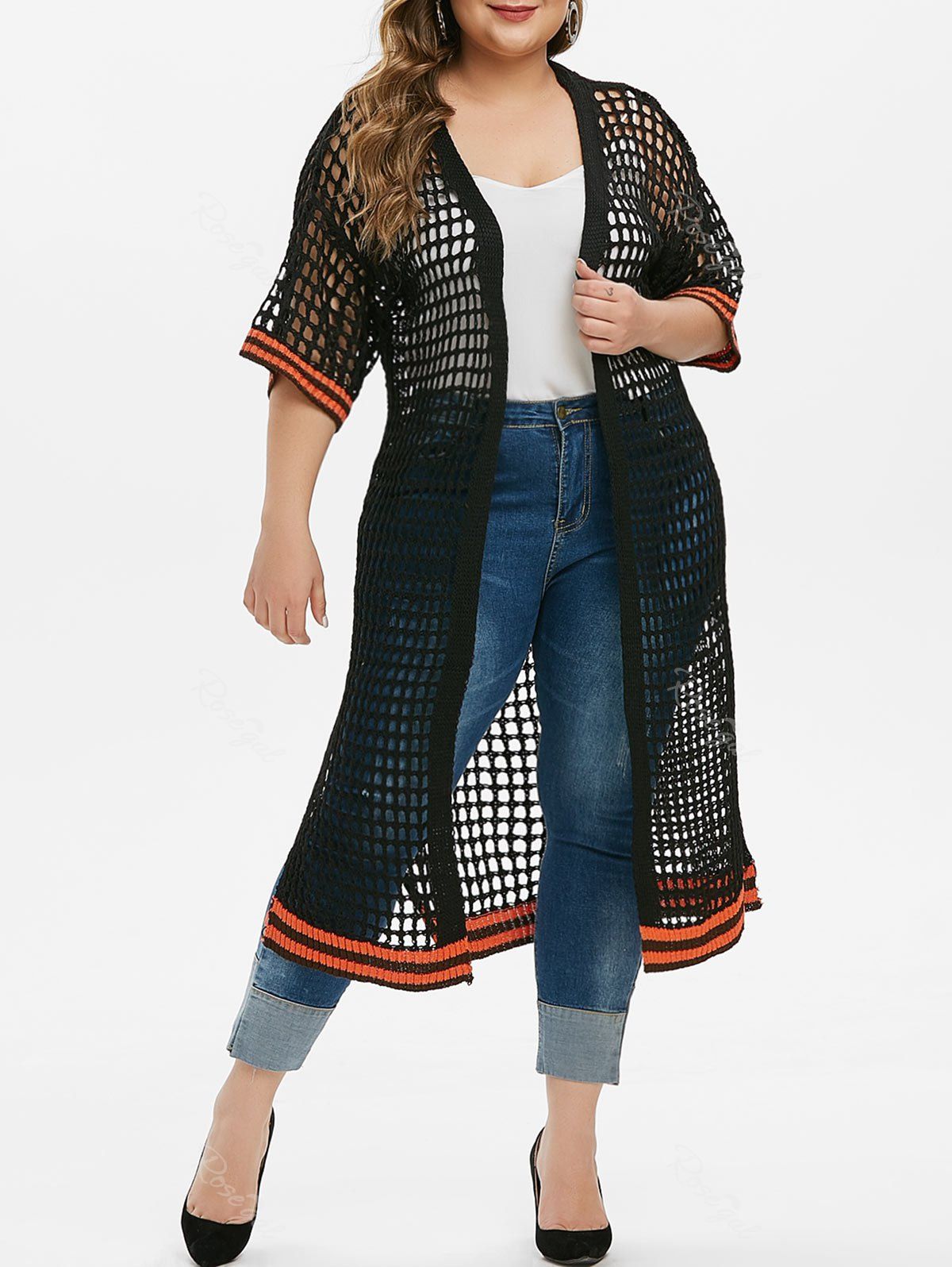 

Longline Stripes Panel Open Placket Slit Plus Size Cardigan, Black