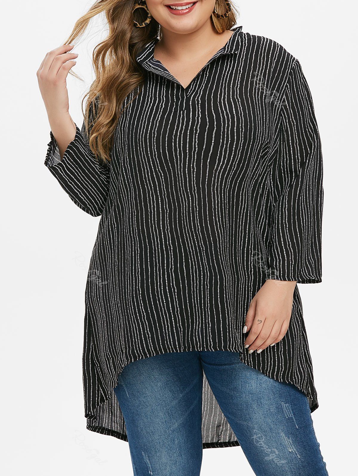 

Plus Size High Low Stripe Long Tunic Blouse, Black