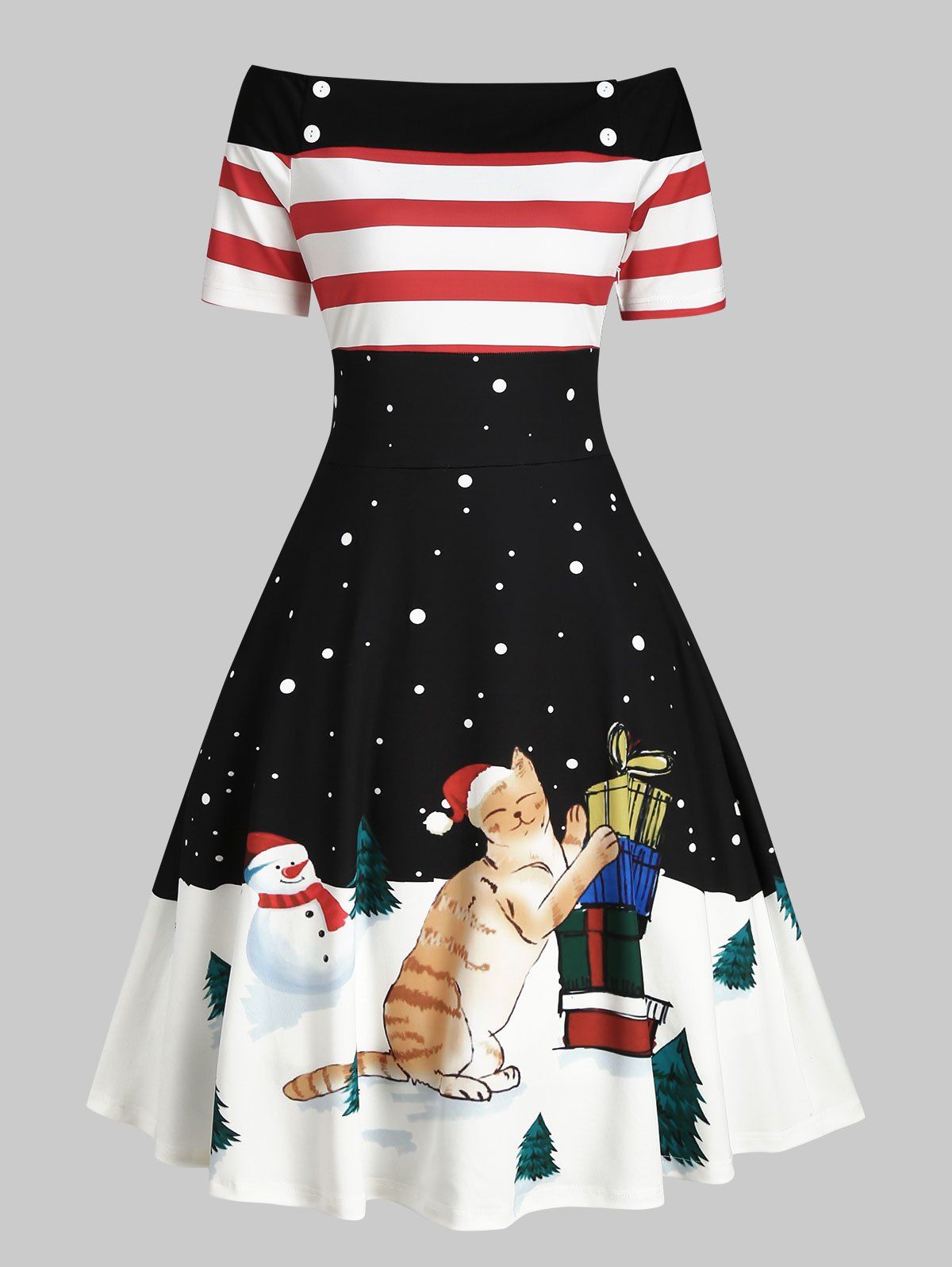 

Christmas Tree Snowman Off Shoulder Button Embellished Dress, Black
