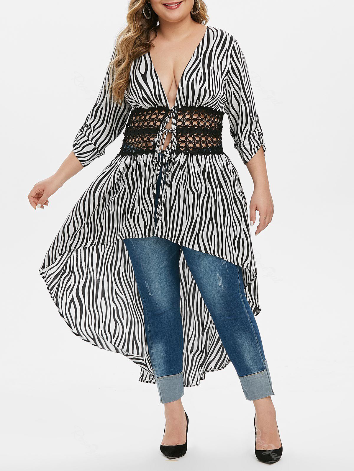

Plus Size Low Cut Zebra Print Lace Crochet Dovetail Blouse, Multi