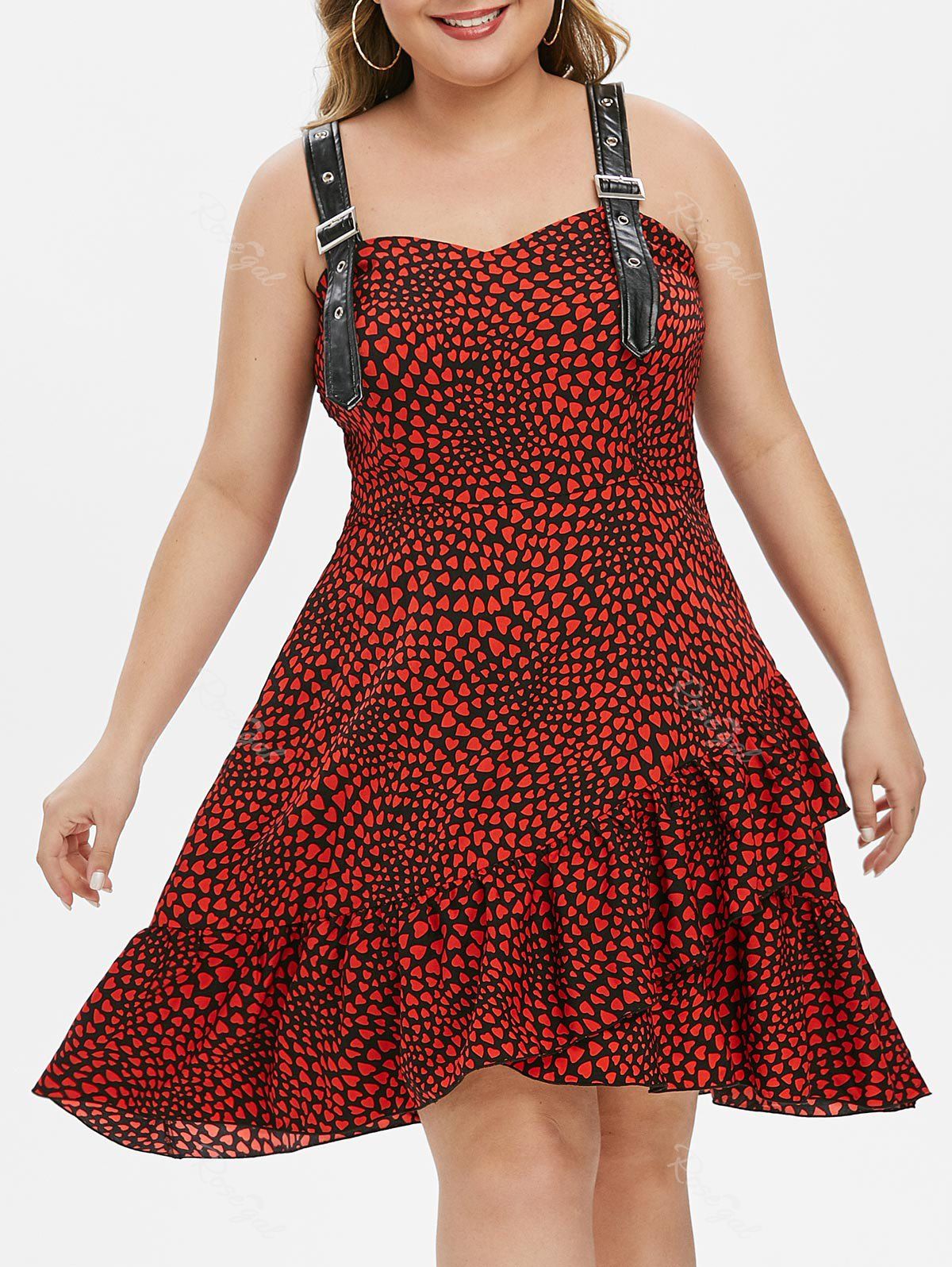 

Plus Size Buckles Heart Print Flounce Midi Dress, Multi