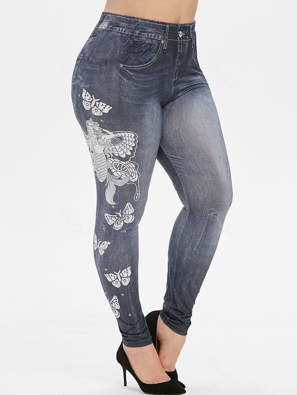 

Plus Size Butterfly Mermaid Print Skinny Leggings, Black