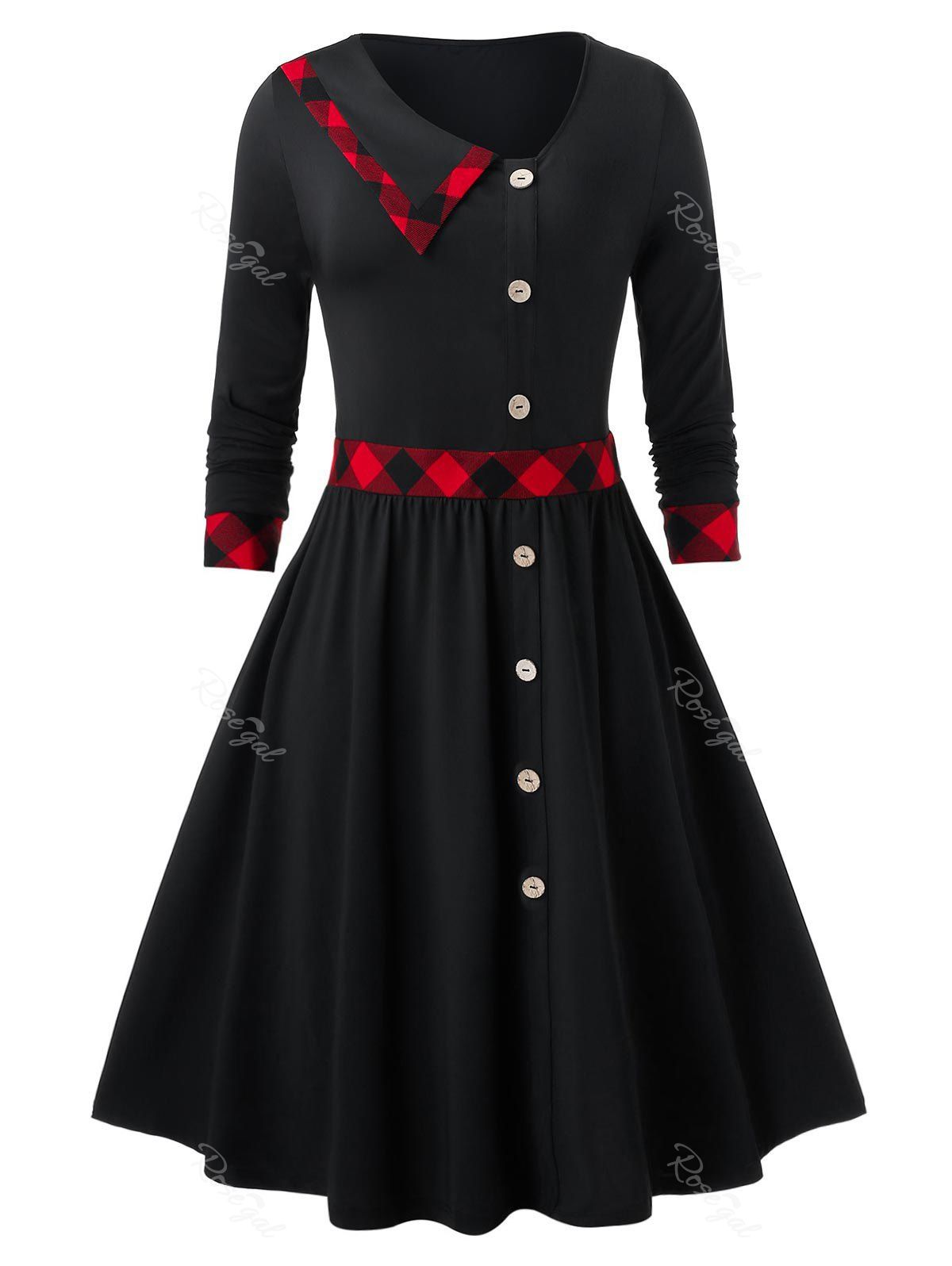 

Vintage Mock Buttons Plaid Trim Swing Dress, Black