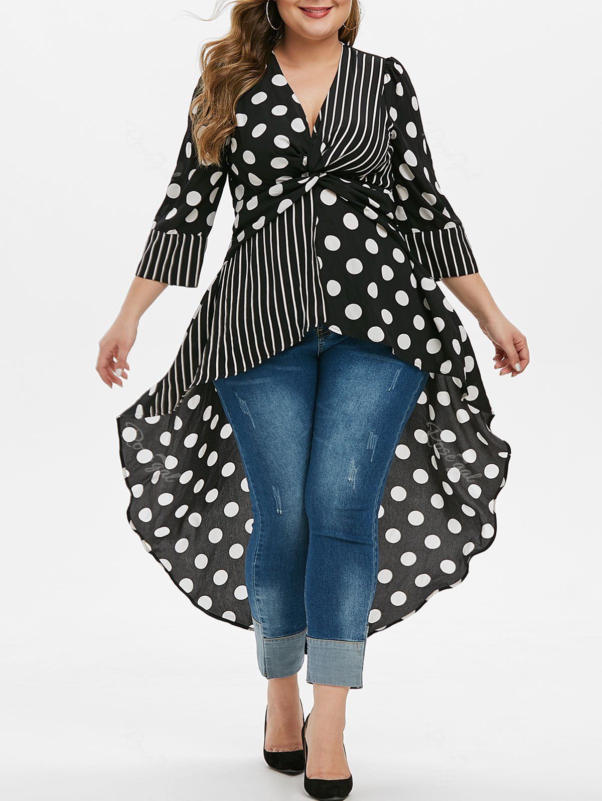

Plus Size Plunge Polka Dot Stripe Tail Top, Multi