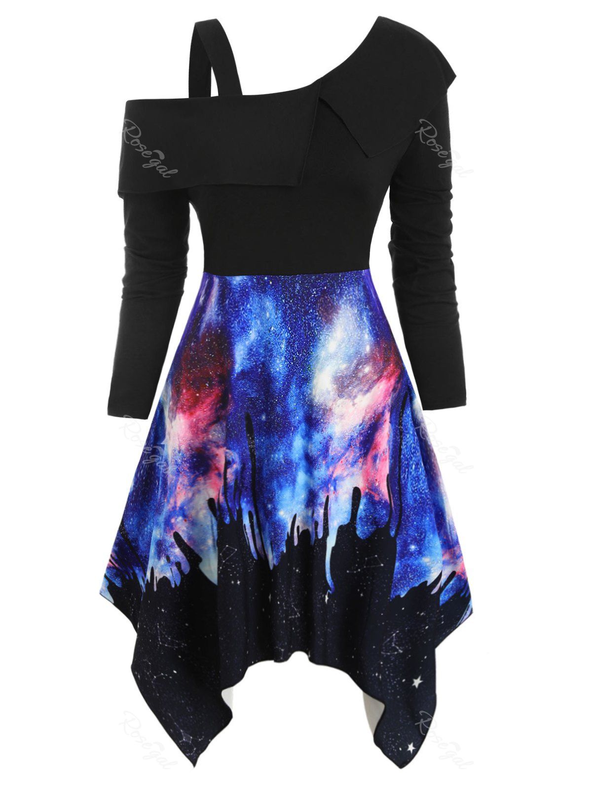 

Plus Size Skew Neck 3D Galaxy Print Hanky Dress, Blue