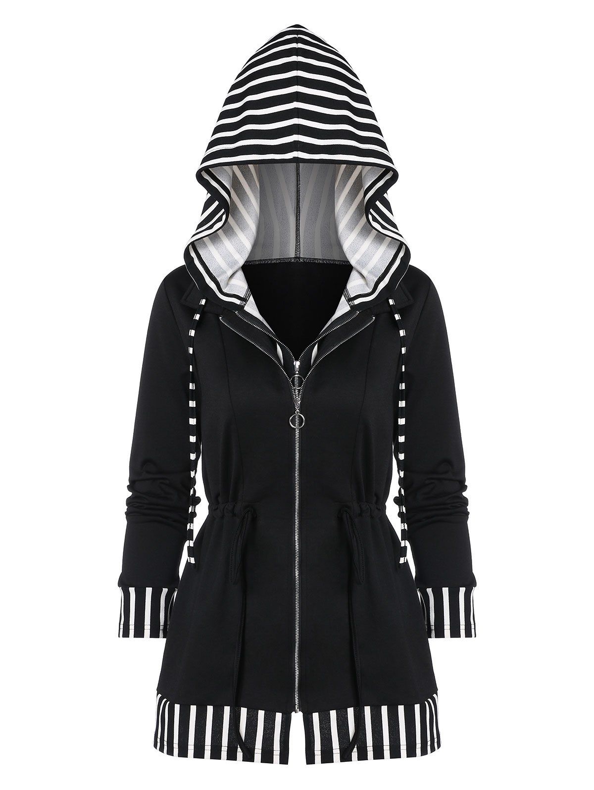 

Striped Hooded Full Zip Coat, Black