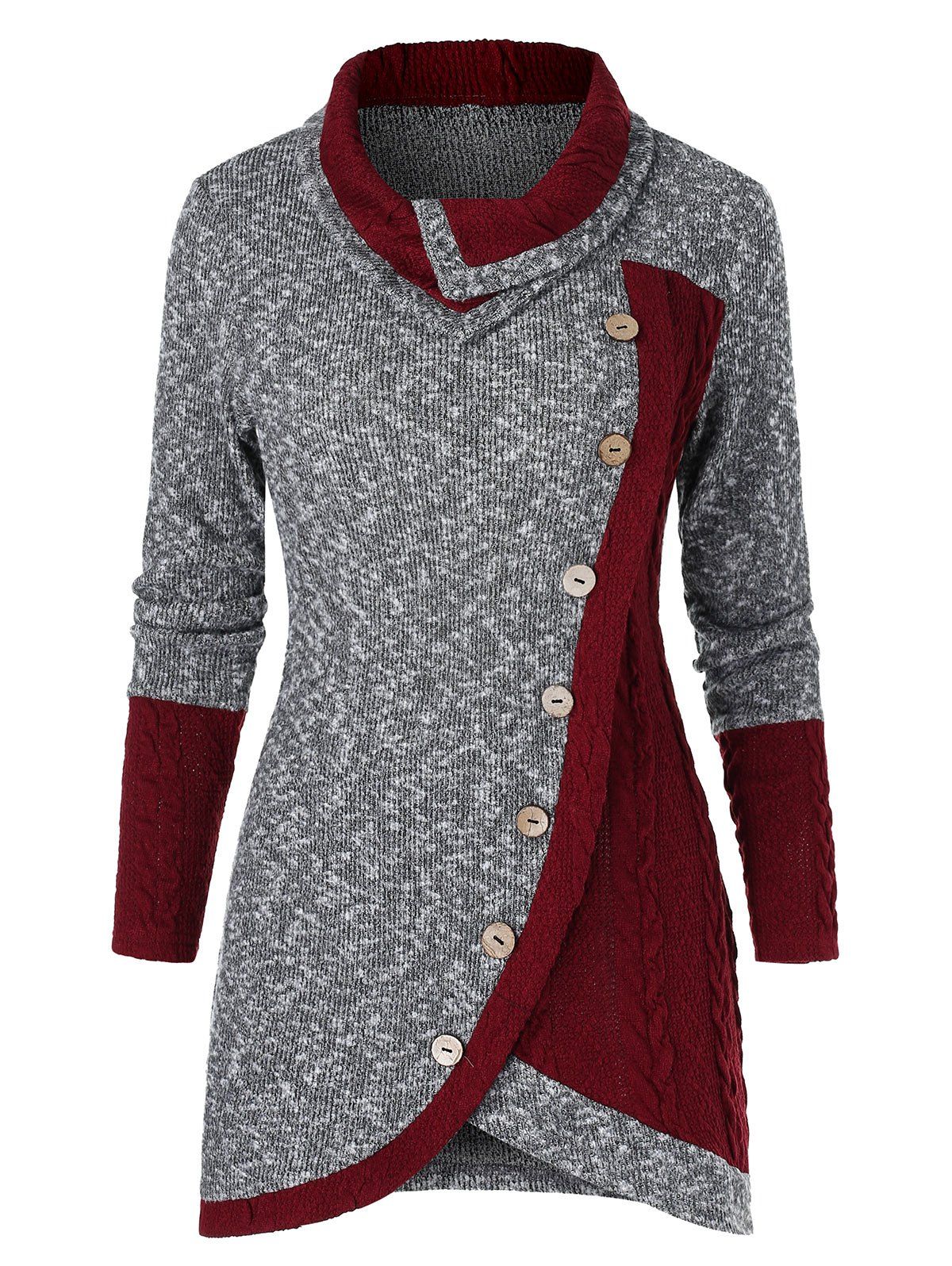 

Two Tone Button Turn-down Collar Sweater, Multi-a