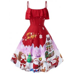 

Plus Size Christmas Vintage Printed Party Dress, Red