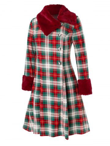 

Plus Size Plaid Fluffy Faux Fur Long Coat, Red wine