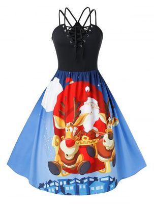Plus Size Christmas Lace Up Printed Pin Up Dress