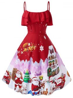 Plus Size Christmas Vintage Printed Party Dress - RED - 4X