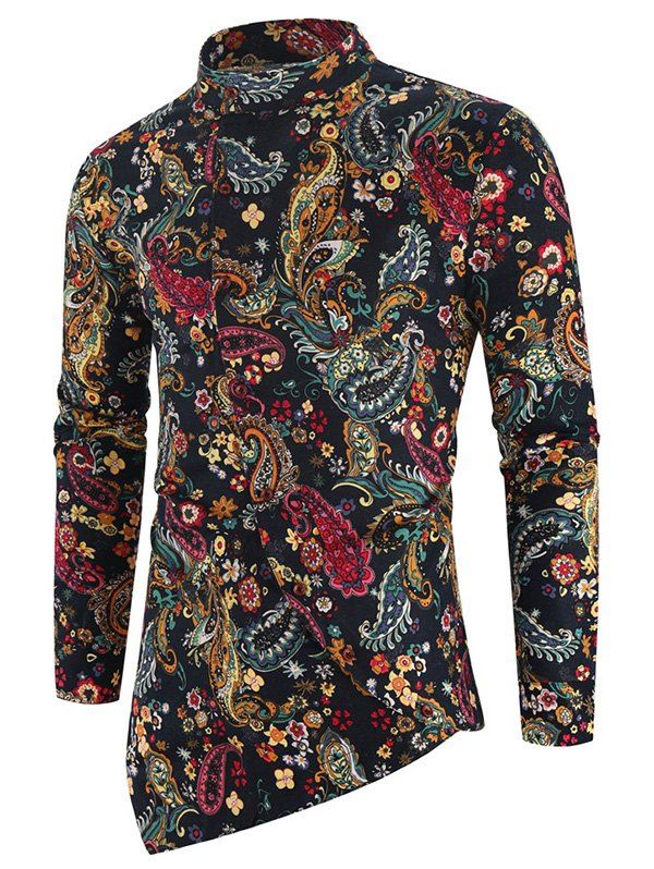 

Paisley Floral Print High Low Oblique Button Shirt, Multi