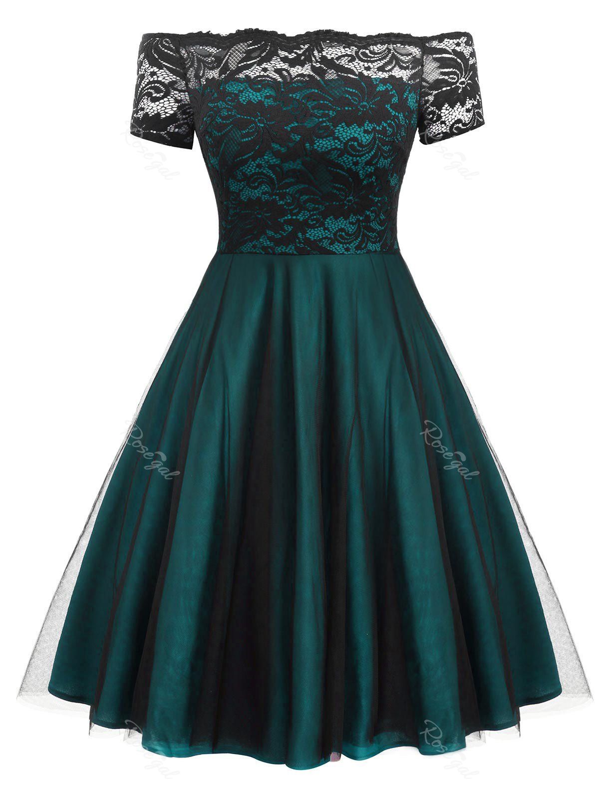 

Plus Size Off Shoulder Lace Panel Tulle Cocktail Dress, Turquoise