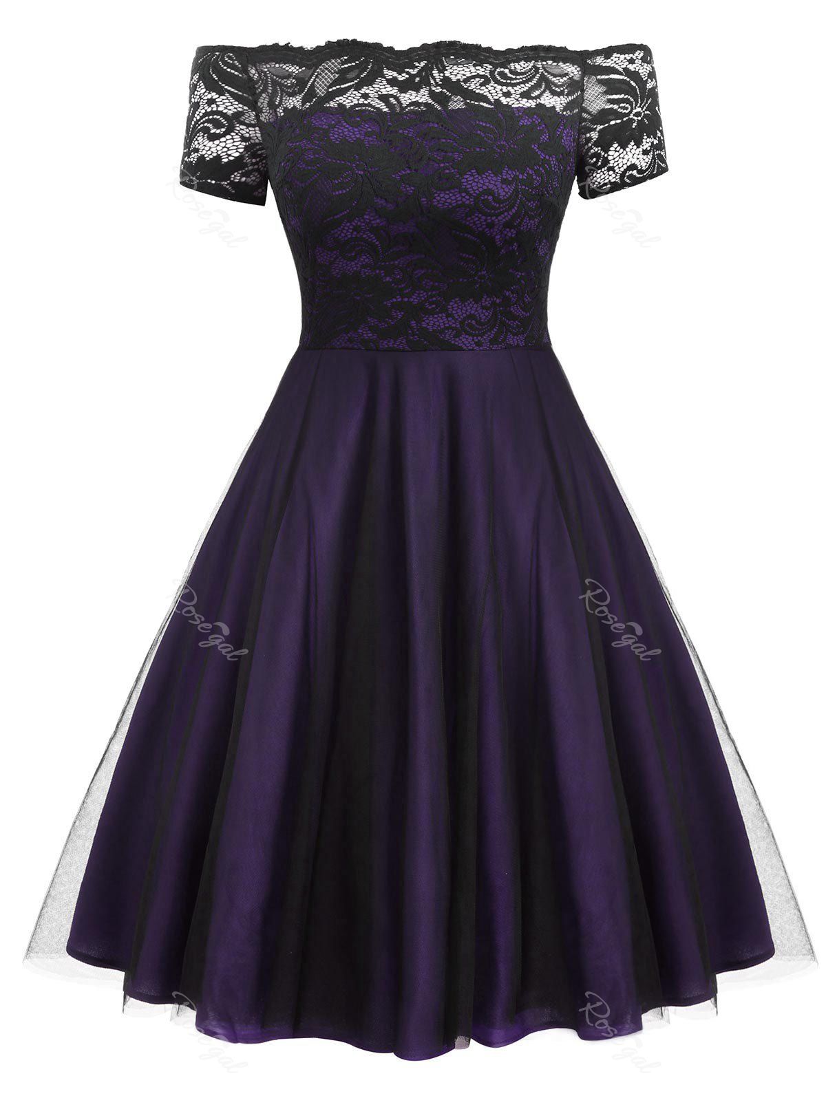 

Plus Size Off Shoulder Lace Panel Tulle Cocktail Dress, Purple iris