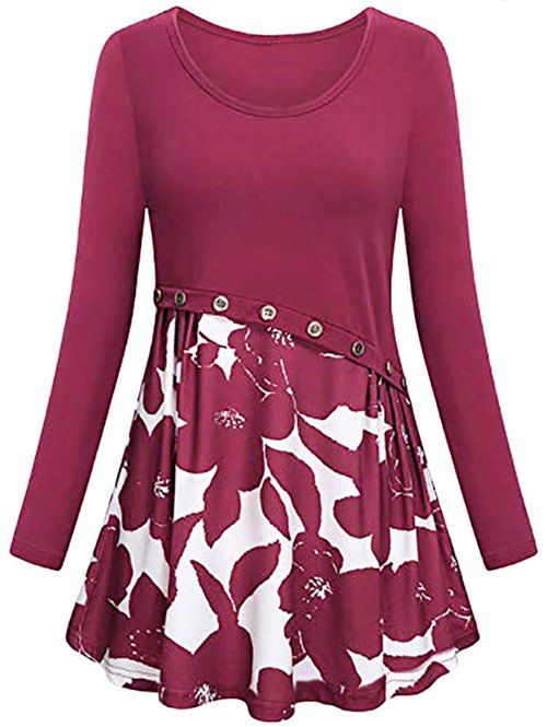 

Floral Print Mock Button Mini Dress, Red wine