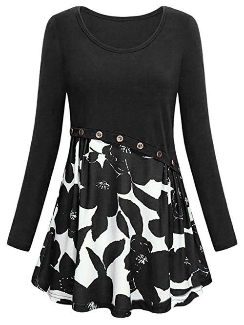 

Floral Print Mock Button Mini Dress, Black