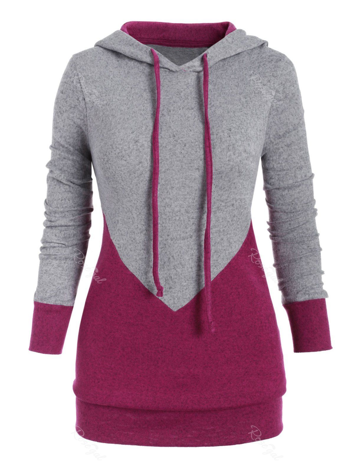 

Drawstring Two Tone Marl Plus Size Hoodie, Red wine