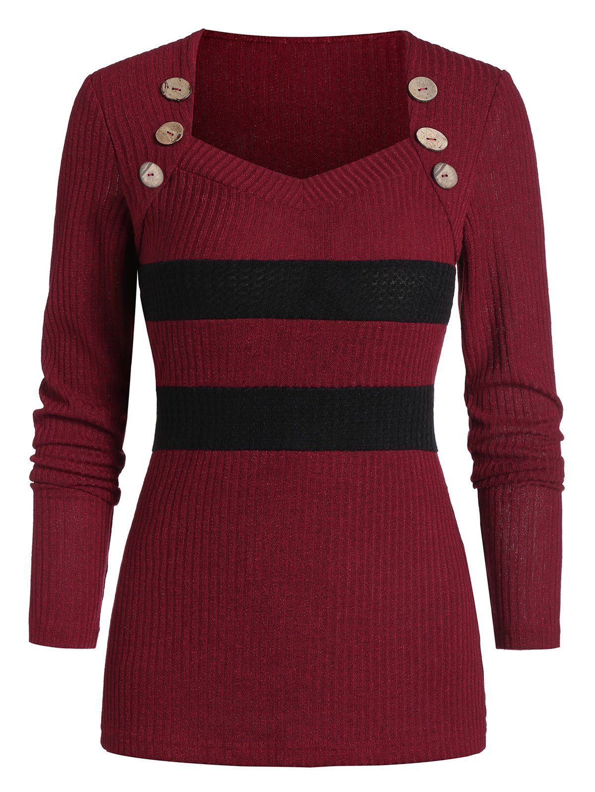 

Two Tone Button Sweetheart Neck Sweater, Red wine