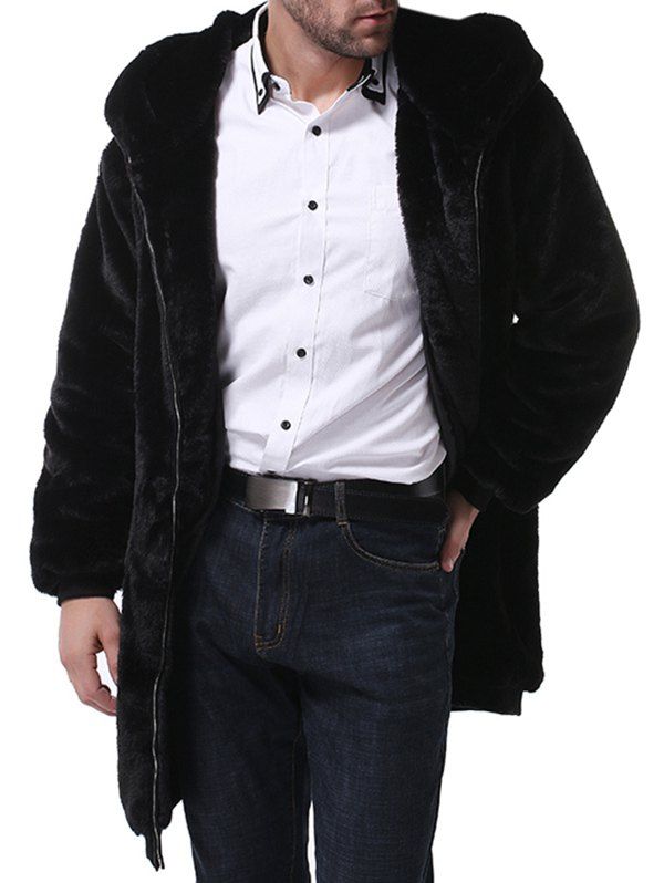 

Plain Faux Fur Zip Up Hooded Longline Coat, Black
