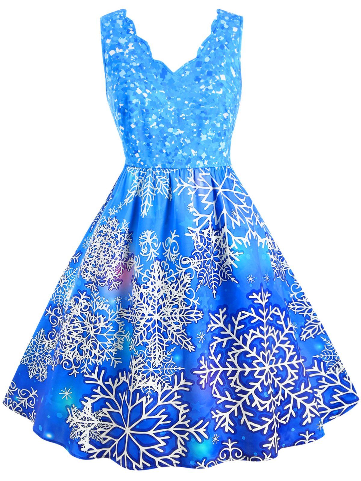 

Scalloped Collar Snowflake Print Christmas Plus Size Dress, Blue