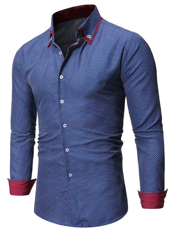 

Contrast Trim Collar Pin Dot Button Up Shirt, Blue